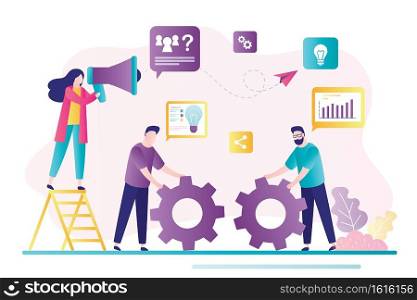 Teamwork, brainstorming concept. New project, office work. Woman boss controlling. Two office workers move big gears. Group of employees generate new ideas and plans. Trendy flat vector illustration
