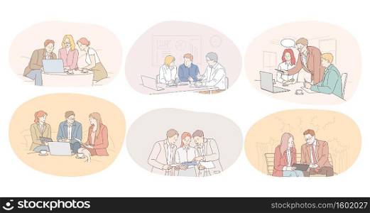 Teamwork, brainstorming, discussing, cooperation, negotiations concept. Business people partners coworkers cartoon characters discussing projects and startups together in office, having brainstorming . Teamwork, brainstorming, discussing, cooperation, negotiations concept