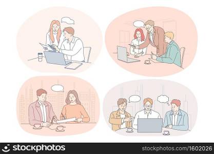 Teamwork, brainstorming, discussion, business, startup, negotiations concept. Business people partners coworkers cartoon characters discussing projects and startups together in office with laptops . Teamwork, brainstorming, business, negotiations, deal, office, collaboration concept