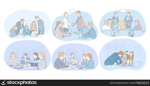Teamwork, brainstorming, negotiations, agreement, deal, presentation concept. Business people office workers discussing projects together, having brainstorming, making presentation for partners . Teamwork, brainstorming, negotiations, agreement, deal, presentation concept