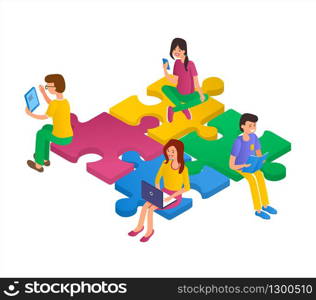 Teamwork business banner concept. Girls and boys work together, sit on the pieces of the puzzle. Isolated on white background. Teamwork business banner concept. Girls and boys work together, sit on the pieces of the puzzle.