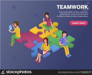 Teamwork business banner concept. Girls and boys work together, sit on the pieces of the puzzle.. Girls and boys work together, sit on the pieces of the puzzle.