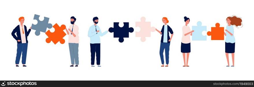 Teamwork business characters. Man woman holding puzzle pieces, collaboration vector illustration. Teamwork puzzle solution, businessman partner and team. Teamwork business characters. Man woman holding puzzle pieces, collaboration vector illustration