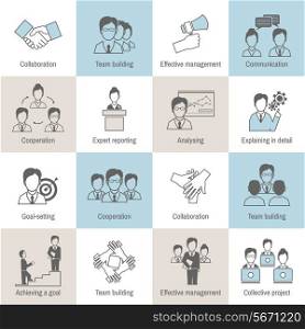 Teamwork business collaboration effective management flat line icons set isolated vector illustration