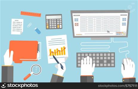 Teamwork business concept in flat design. Business, office and marketing items icons. Hands of team workers with office item icons such as laptop, documents folder, computer, calculator, cup of tea and notebook on table