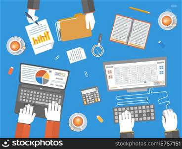 Teamwork business concept in flat design. Business, office and marketing items icons. Hands of team workers with office item icons such as laptop, documents folder, computer, calculator, cup of tea and notebook on table