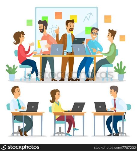 Teamwork business meeting. Office workers colleagues discussing new idea, project, build strategy of new plan. Collection of office workers or businesspeople sitting at table working with laptop. Collection of office workers sitting at table working with laptop, teamwork business meeting