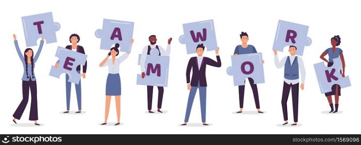 Teamwork. Business team holding puzzle pieces. Cooperation and partnership in company. Female and male employees achieving goal or success together in team. Collaboration vector illustration. Teamwork. Business team holding puzzle pieces. Cooperation and partnership in company. Female, male employees