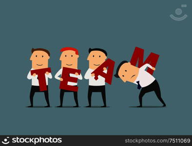 Teamwork, business team, partnership, cooperation business concept. Successful cartoon businessmen with red letters are composing a word - Team. Businessmen with letters composing a word Team