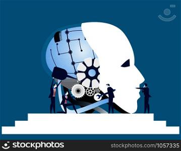 Teamwork. Business team repair robot technology. Concept business technology vector illustration.