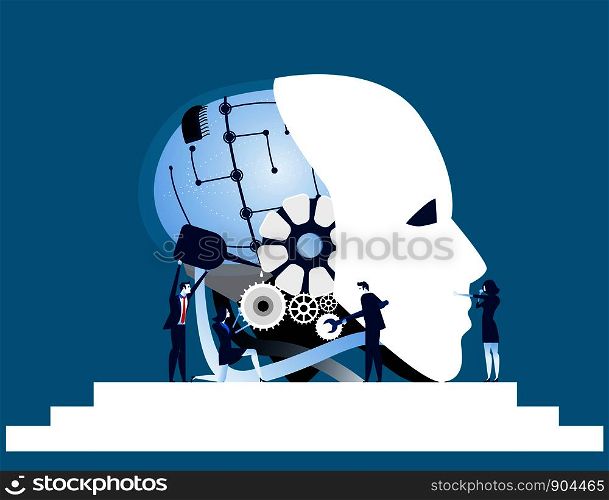 Teamwork. Business team repair robot technology. Concept business technology vector illustration.