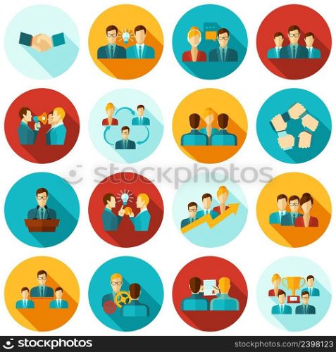 Teamwork business workgroups communication icons flat set isolated vector illustration. Teamwork Icons Flat