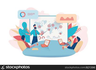 Teamwork. Businessman holds meeting, presentation, sales analytics. Businessmen are sitting at the conference room table.