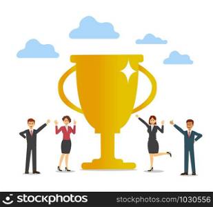 Teamwork businessman stand on the podium first, best score winner prize. vector illustration.