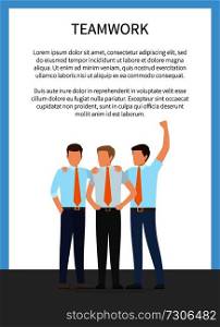 Teamwork card with blue frame vector illustration of three successful workers with raised hand in blue and grey trousers, orange neckties, text s&le. Teamwork Card with Blue Frame Vector Illustration