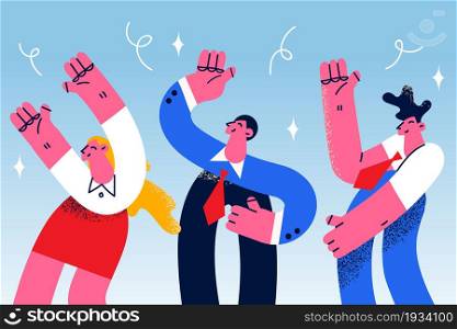 Teamwork celebrating success together concept. Group of young smiling people coworkers cartoon characters standing dancing celebrating successful deal or project vector illustration . Teamwork celebrating success together concept