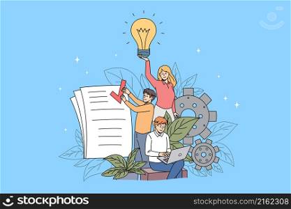 Teamwork collaboration and business idea concept. Group of young partners colleagues teammates working on project having great innovative idea making tasks writing on laptop vector illustration . Teamwork collaboration and business idea concept