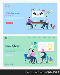 Teamwork collaboration and legal advice, man and woman consulting. Business success and lawyer service online, professional workers, company. Website and app slider template, landing page flat style. Legal Advice and Company Collaboration Vector