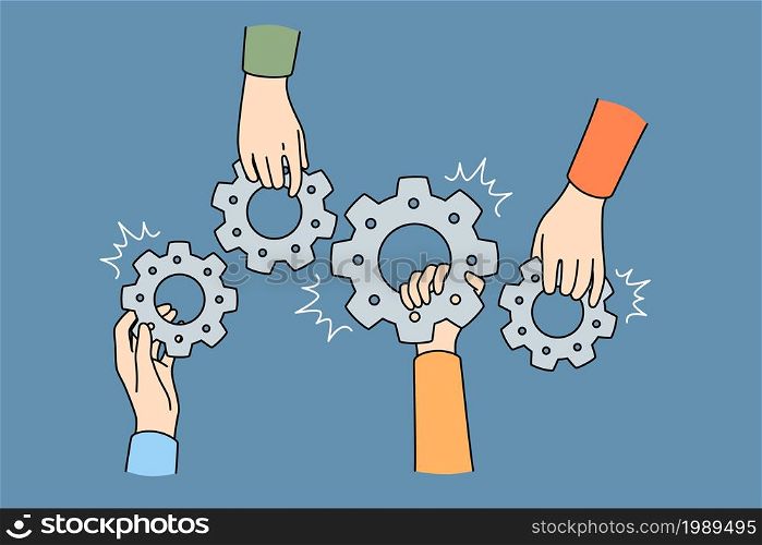 Teamwork collaboration and unity concept. Human hands of business partners holding gears as symbol of cooperation vector illustration . Teamwork collaboration and unity concept