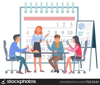Teamwork collaboration, man and woman workers discussing graph report. Analysis company work in deadline, professional knowledge, colleagues vector. Workers Discussing Work, Graph and Calendar Vector
