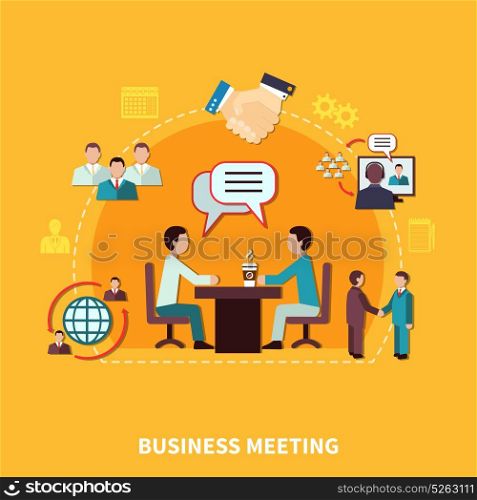 Teamwork Collaboration Meeting Composition. Business meeting composition with flat human characters at table discussion with handshake and user pictogram silhouettes vector illustration