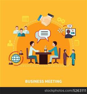 Teamwork Collaboration Meeting Composition. Business meeting composition with flat human characters at table discussion with handshake and user pictogram silhouettes vector illustration