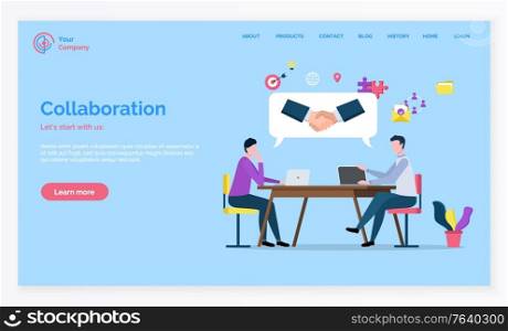 Teamwork collaboration, men sitting at desktop, using laptop. Company cooperation, males brainstorming, communication with wireless device vector. Website or webpage template, landing page flat style. Partnership and Teamwork Collaboration Vector