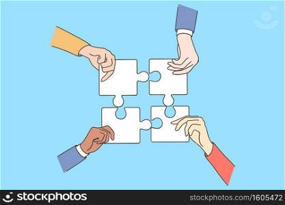 Teamwork, collaboration, suites strategy concept. Group of business people partners colleagues hands trying to connect puzzle pieces together in office vector illustration . Teamwork, collaboration, suites strategy concept