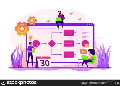 Teamwork, colleagues working on project. Startup launch. Business process management, business process visualization, IT business analysis concept. Vector isolated concept creative illustration. Business process management concept vector illustration