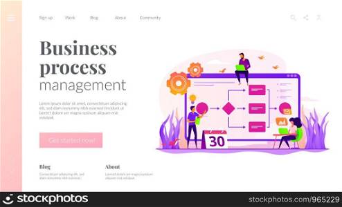 Teamwork, colleagues working on project. Startup launch. Business process management, business process visualization, IT business analysis concept. Website homepage header landing web page template.. Business process management landing page template
