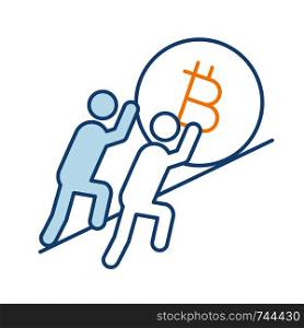 Teamwork color icon. Two businessmen pushing bitcoin sign up. Join efforts. Team. Earn money. Partnership. Cryptocurrency mining. Isolated vector illustration. Teamwork color icon