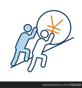 Teamwork color icon. Two businessmen pushing yen sign up. Revaluation. Yen support. Join efforts. Team. Earn money. Partnership. Isolated vector illustration. Teamwork color icon