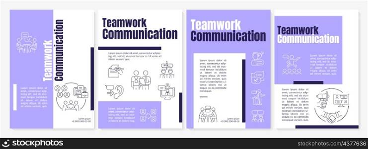 Teamwork communication purple brochure template. Team build. Booklet print design with linear icons. Vector layouts for presentation, annual reports, ads. Anton-Regular, Lato-Regular fonts used. Teamwork communication purple brochure template