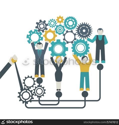 Teamwork company organization concept with people holding cog wheels vector illustration