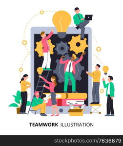 Teamwork composition with text and images of tablet with gear idea icons books and human characters vector illustration