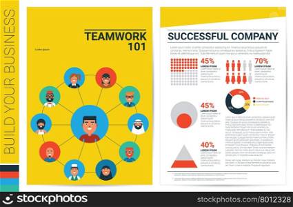 Teamwork concept book cover in A4 size template with flat design charts, ideal for company information or infographic annual report