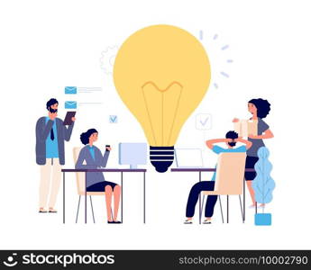 Teamwork concept. Creative idea, working process vector illustration. Flat business characters, brainstorm, implementation of new idea. Men women work. Brainstorming teamwork, idea illustration. Teamwork concept. Creative idea, working process vector illustration. Flat business characters, brainstorm, implementation of new idea. Men women at work