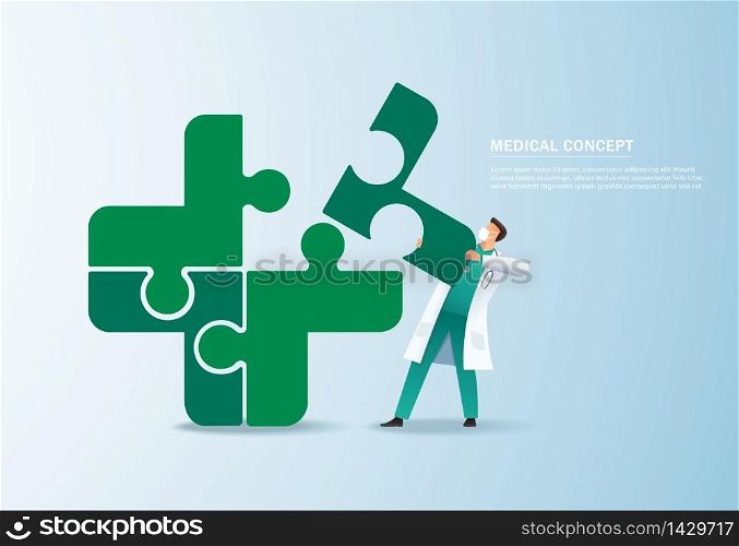 Teamwork concept. doctor putting the puzzle medical icon together vector illustration EPS10