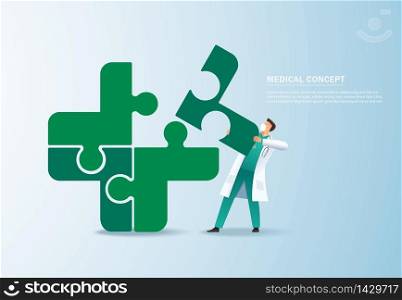 Teamwork concept. doctor putting the puzzle medical icon together vector illustration EPS10