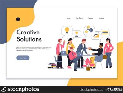 Teamwork concept horizontal banner for website landing page with editable text links people and thought bubbles vector illustration