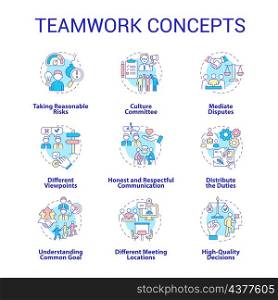 Teamwork concept icons set. Successful collaboration. Effective employees coworking idea thin line color illustrations. Isolated outline drawings. Roboto-Medium, Myriad Pro-Bold fonts used. Teamwork concept icons set