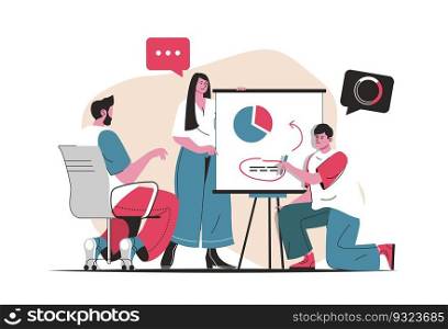 Teamwork concept isolated. Team working together, brainstorming and analysis data. People scene in flat cartoon design. Vector illustration for blogging, website, mobile app, promotional materials.