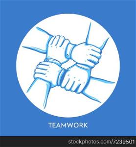 Teamwork concept. Stack of business hands. Cooperation Teamwork, Group, Partnership,Team buidding. Hand drawn line art cartoon vector illustration.. Teamwork concept. Stack of business hands. Cooperation Teamwork, Group, Partnership,Team buidding.