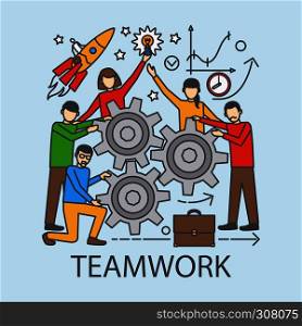 Teamwork concept with cogwheels. Success achievement plan. Vector illustration. . Teamwork concept with cogwheels