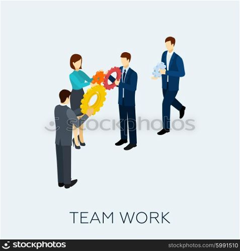 Teamwork concept with isometric business people and cogwheel mechanism vector illustration. Teamwork Concept Isometric