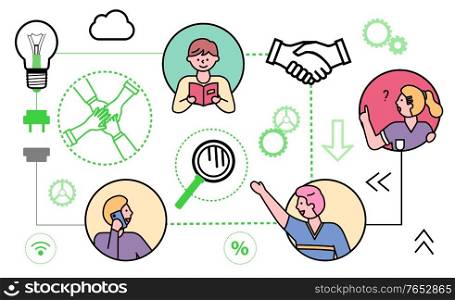Teamwork connection, people in circle frames and icons in line style. Kid reading book generating ideas for business. Magnifying glass, handshake and bulb, cloud and gear tool vector in flat. Business Connection, People and Line Icons Set