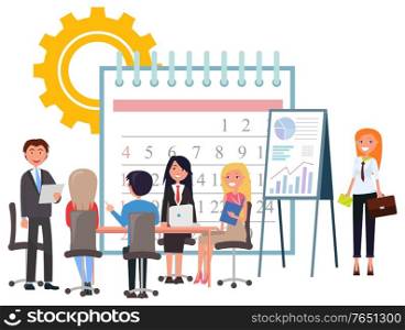 Teamwork consulting, man and woman colleagues discussing deadline work, graph report. Business strategy, development technology, calendar icon vector. Business Development, Teamwork and Deadline Vector