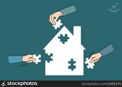 Teamwork cooperation and collaboration concept. Human hands of partners colleagues teammates forming one picture of pieces puzzles together vector illustration . Teamwork cooperation and collaboration concept.