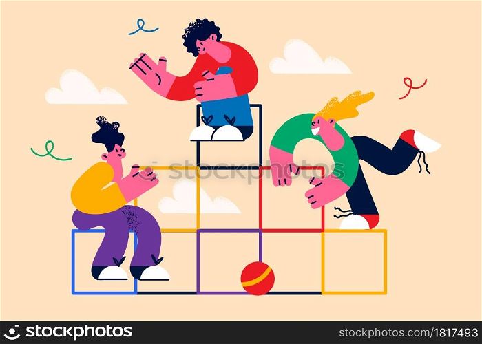 Teamwork, cooperation and working together concept. Group of young people business colleagues cartoon characters sitting at structure communicating waving hands together vector illustration . Teamwork, cooperation and working together concept