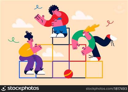 Teamwork, cooperation and working together concept. Group of young people business colleagues cartoon characters sitting at structure communicating waving hands together vector illustration . Teamwork, cooperation and working together concept